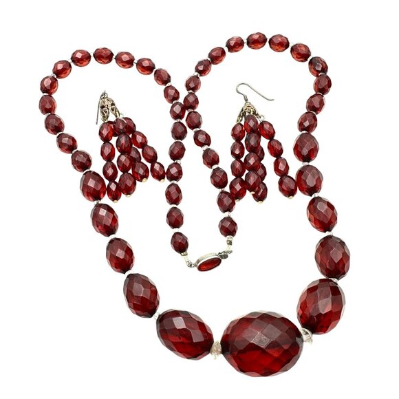Vintage Bakelite Cherry Amber Bead 24 Inch Necklace And Earrings Set 58 Grams - Picture 1 of 4